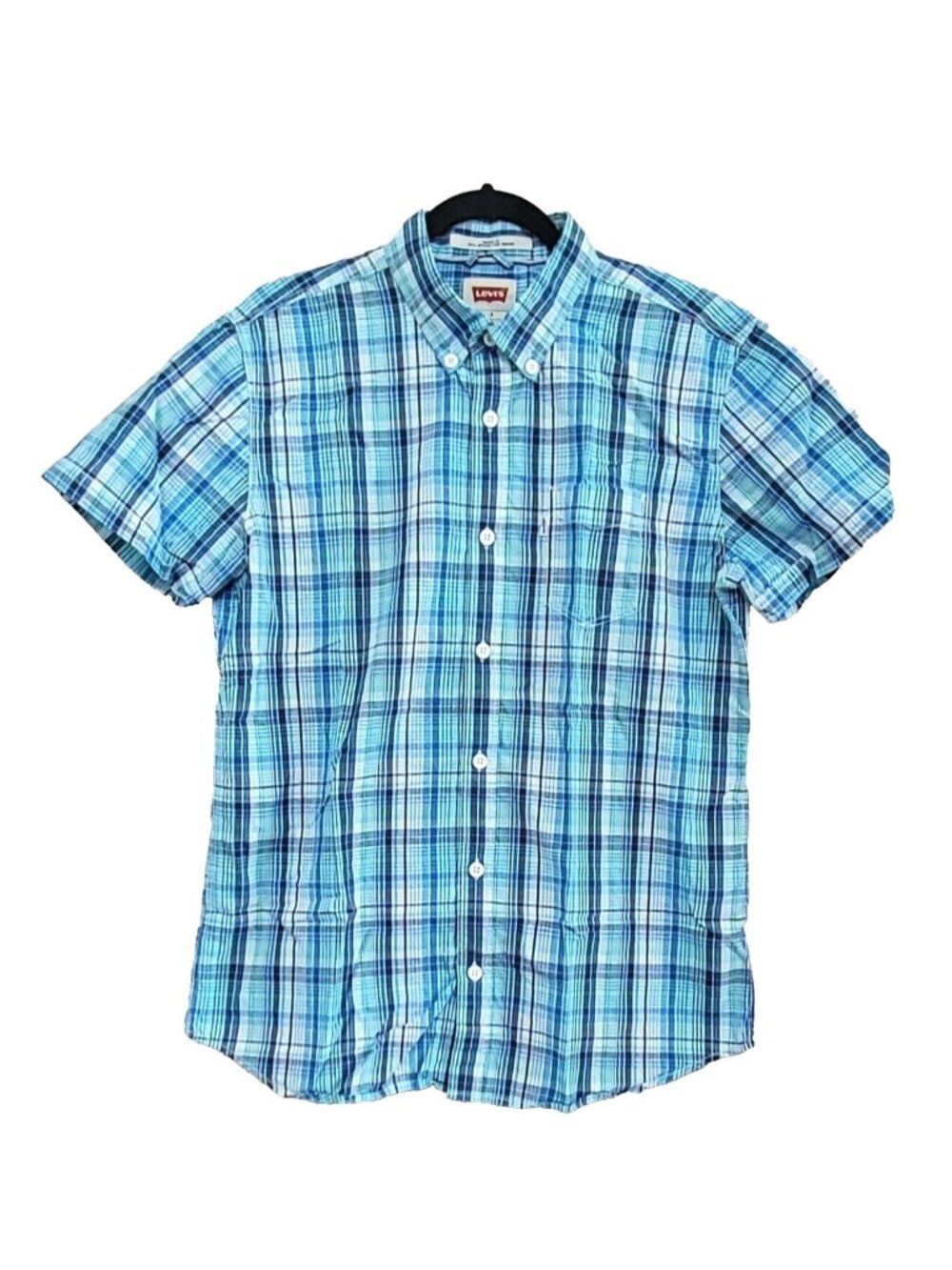 Levi's Button Up Shirt Modern Fit Men's Size Large Blue Green Plaid Short Sleeve